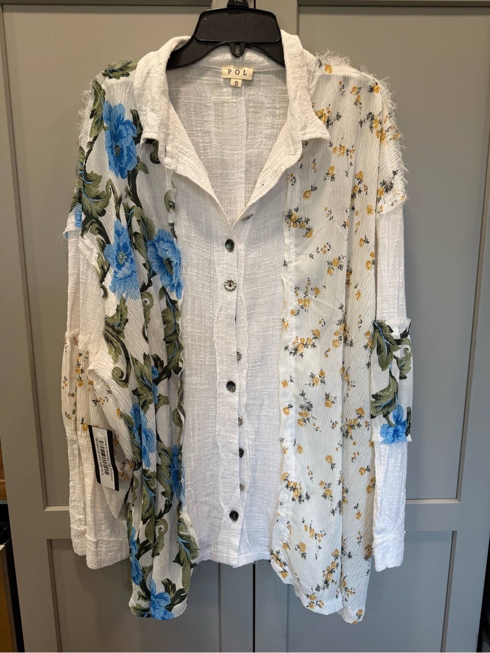 NWT POL White Button-Up Shirt with Blue and Yellow Floral Patchwork